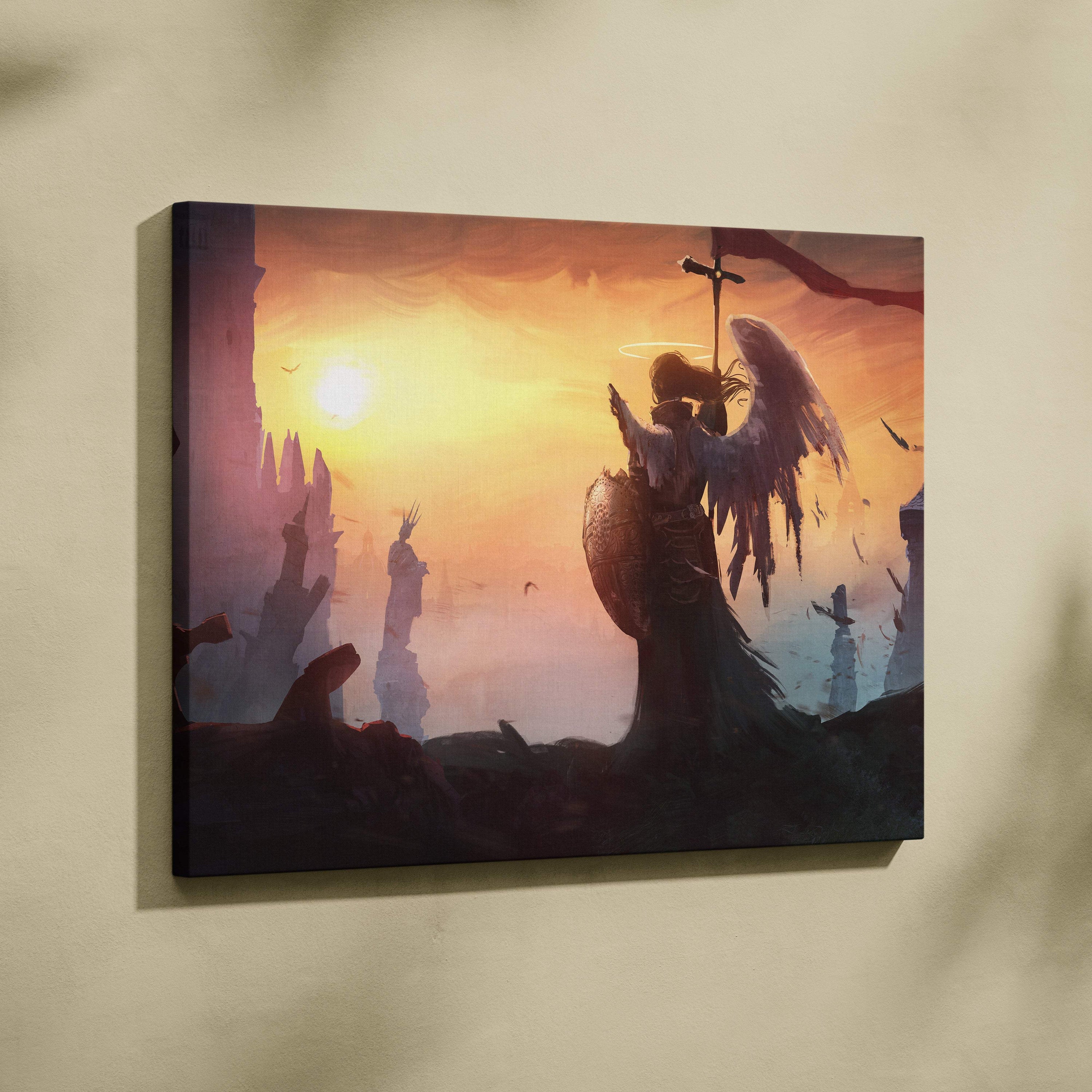 Guardian angel at dawn canvas art featuring a dramatic winged warrior with shield and sword against a golden sunrise sky