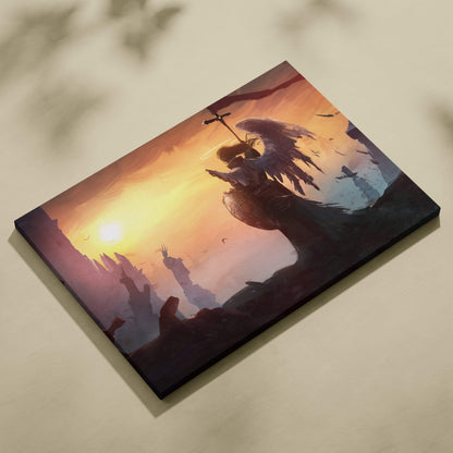 Rectangular canvas art of a guardian angel with a cross against a golden sunrise sky for fantasy wall decor