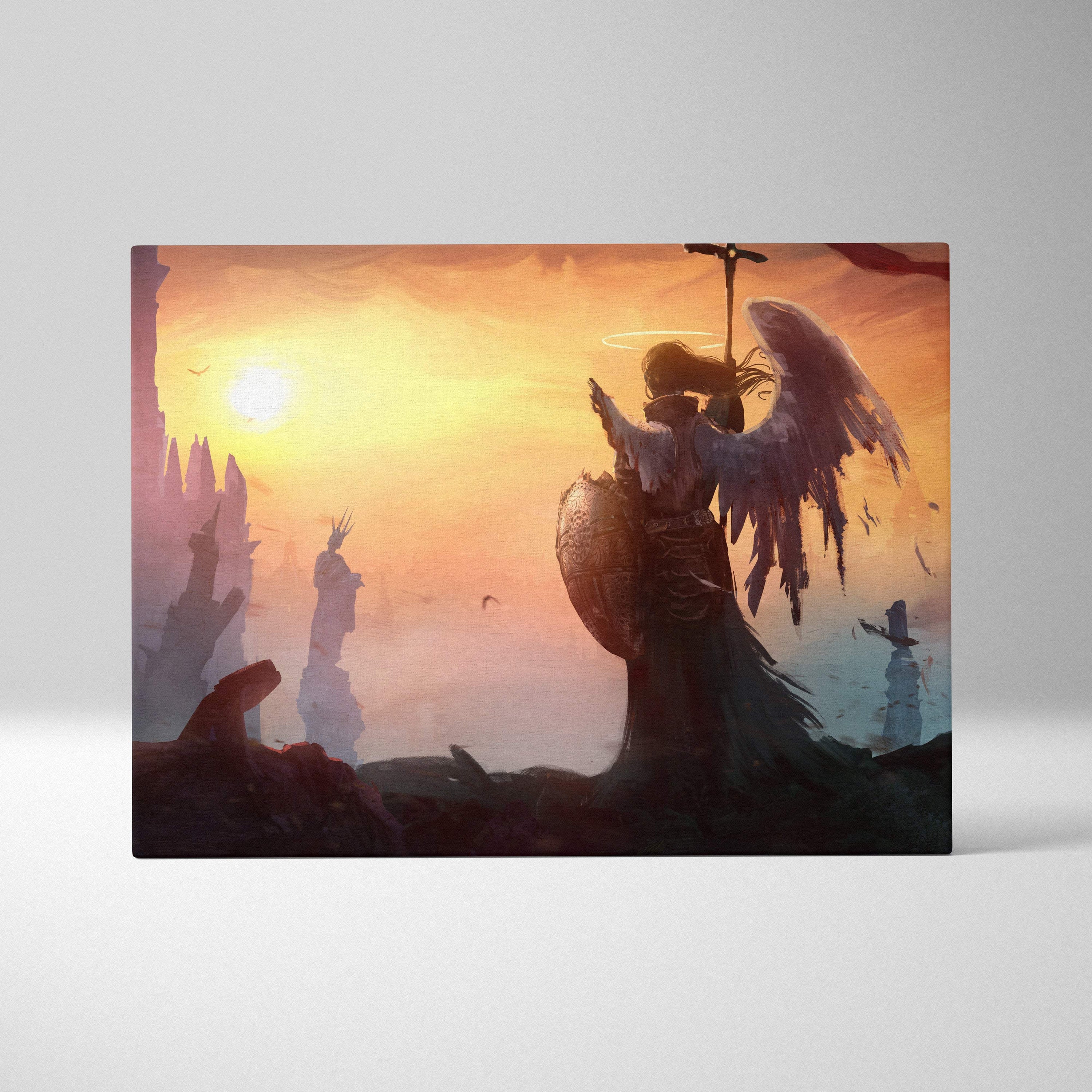 Rectangular canvas print of a winged warrior angel with sword and shield against a golden sunrise sky wall decor