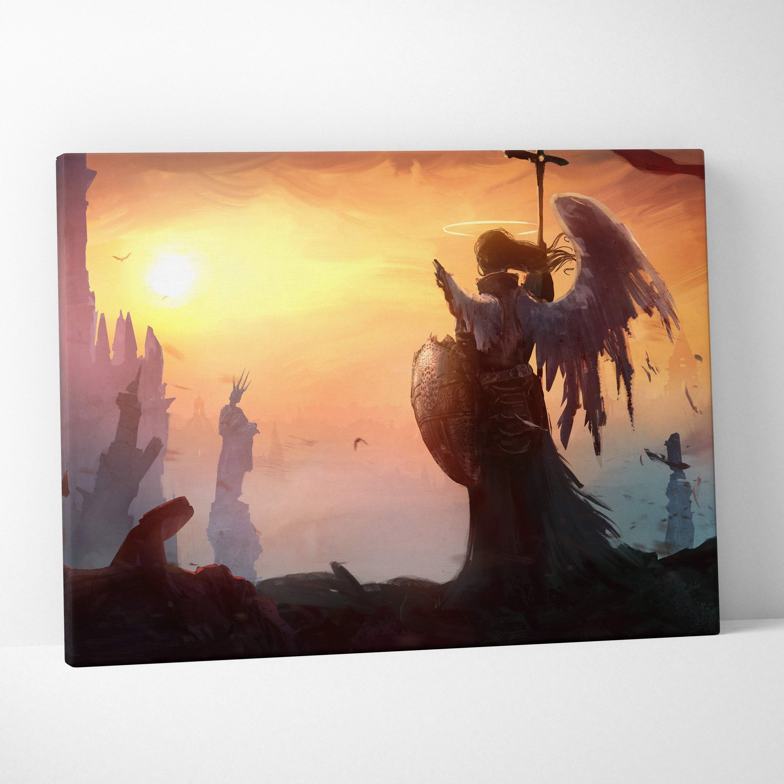 Rectangular canvas print of a dramatic armored angelic figure with shield and sword against a golden sunrise sky