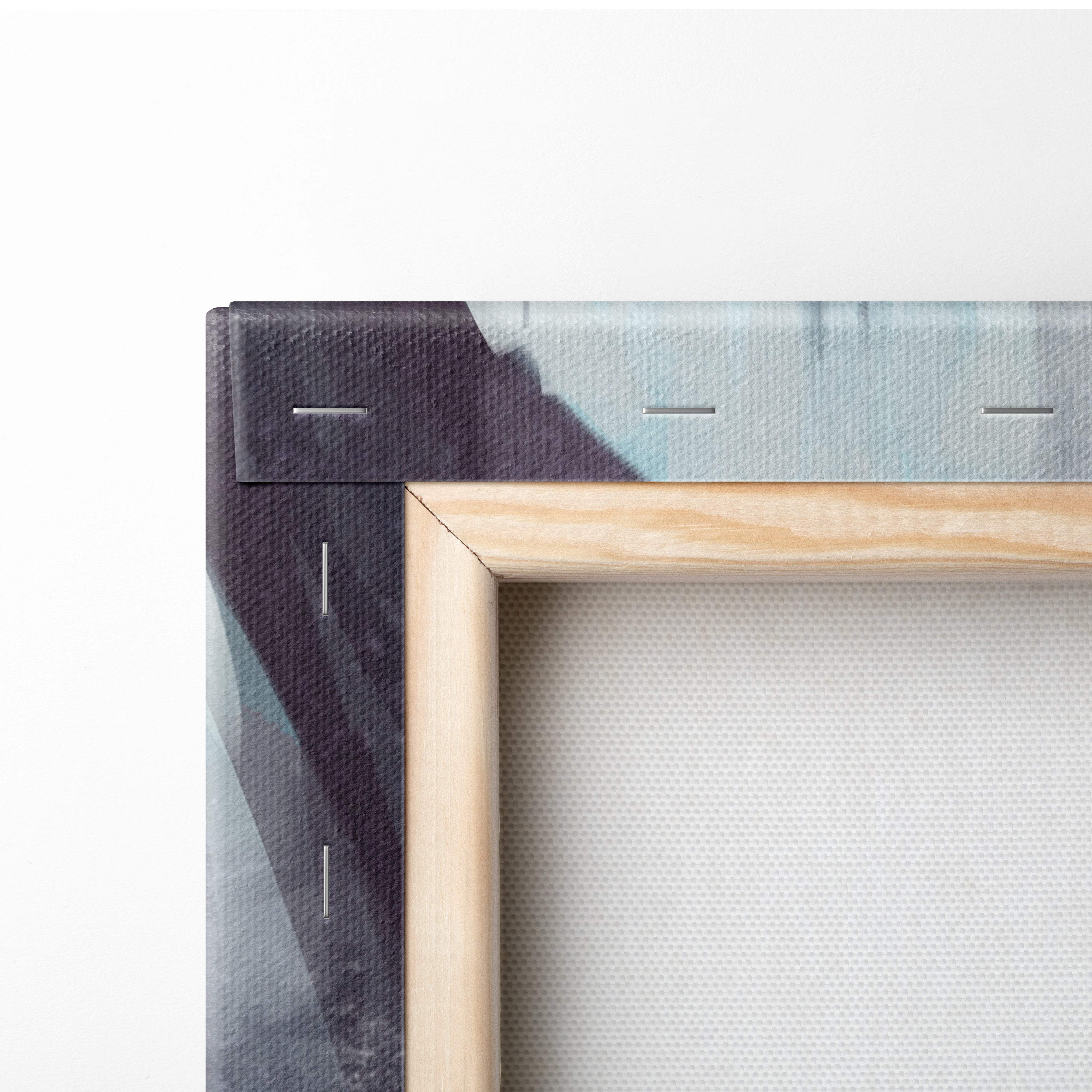 Light wood-framed canvas print with textured abstract design in muted blues and grays for gothic medieval decor