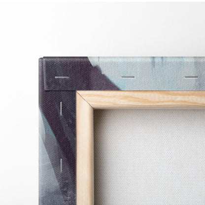Light wood-framed canvas print with textured abstract design in muted blues and grays for gothic medieval decor