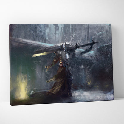 Dark knight fantasy canvas print of a blue gray armored warrior with sword in misty forest gothic painting style