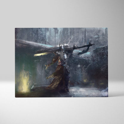 Dark knight fantasy canvas print of blue gray armored warrior with enormous sword in misty ruined medieval landscape