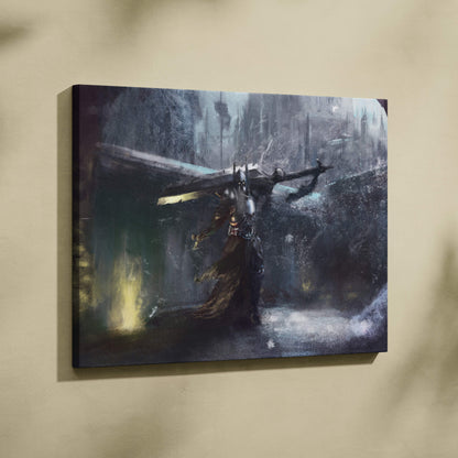 Dark knight fantasy canvas print of an armored figure in blue gray tones with gritty medieval battle decor style