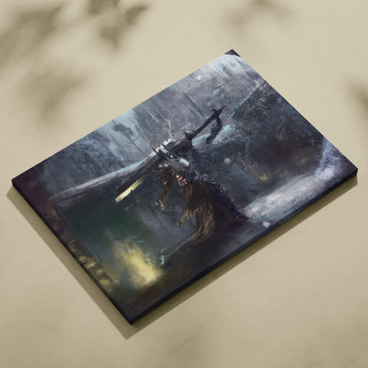 Dark knight fantasy canvas print of a blue gray warrior with massive sword in moody grayscale and subtle gold highlights