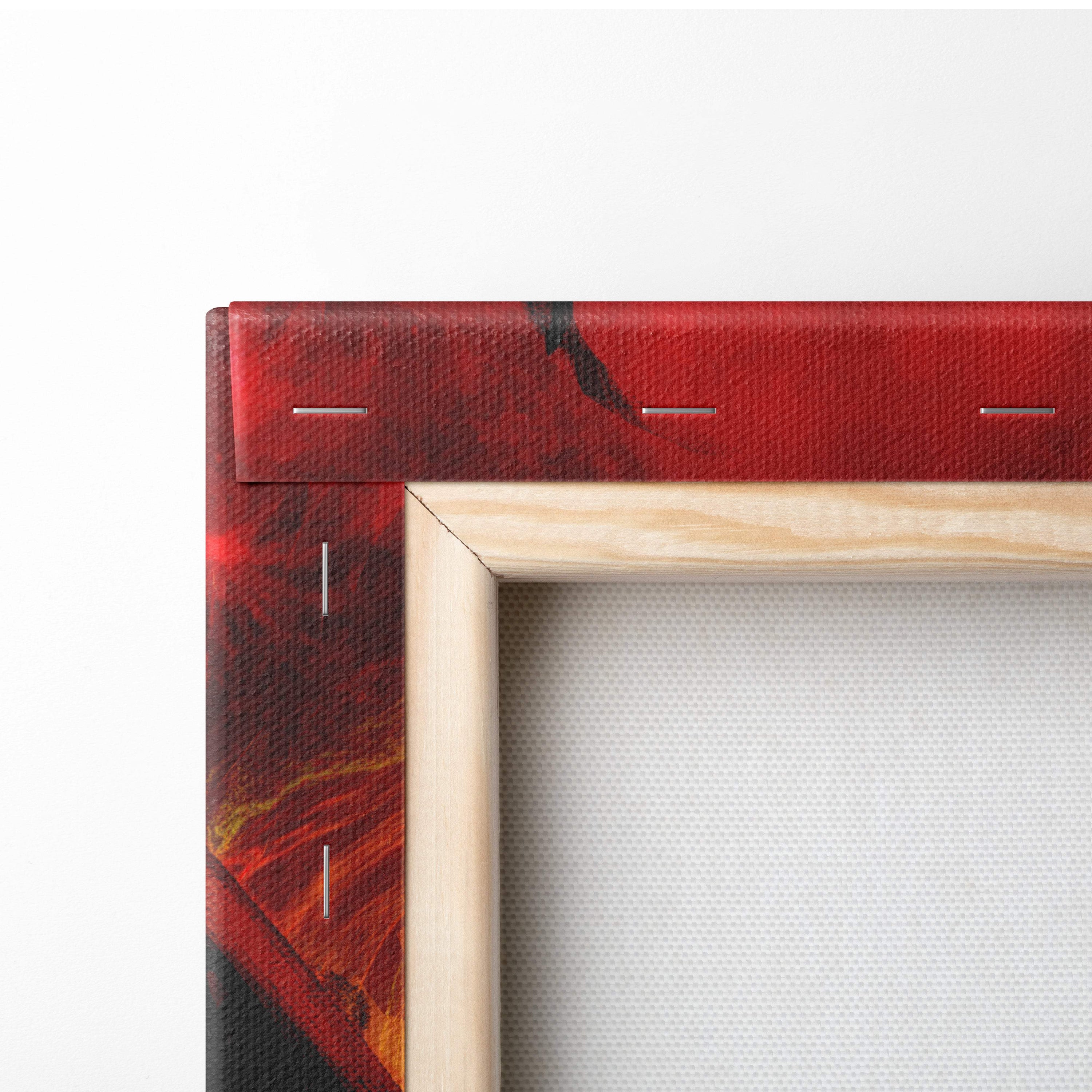 A vibrant red and black infernal ritual canvas art with fiery portal mounted on light wood frame for dark fantasy decor