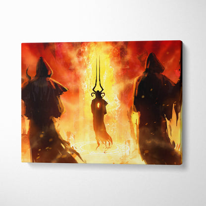 A fiery infernal ritual canvas art featuring three hooded figures and a glowing horned demon in a red and gold hellscape
