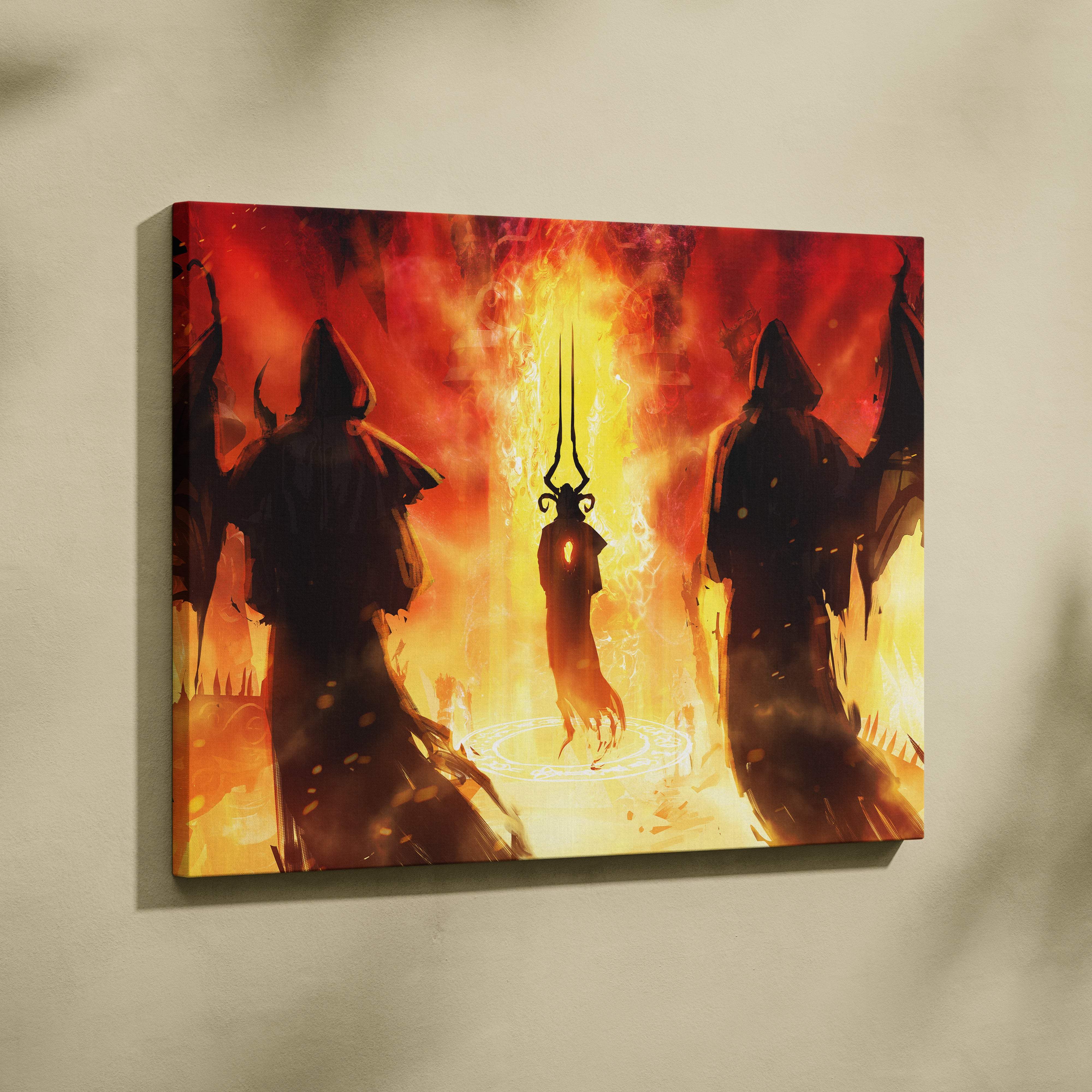 Infernal ritual canvas art depicting three hooded figures in a fiery red and gold hellscape for dark fantasy decor