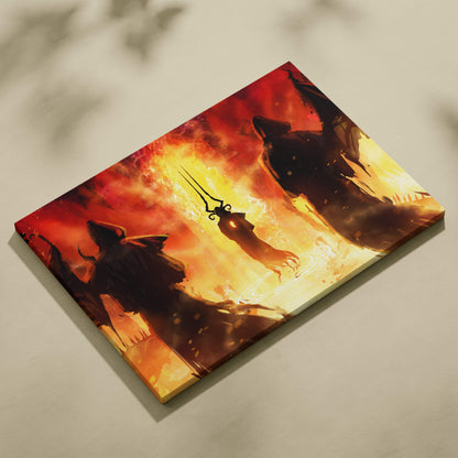 A rectangular canvas print of infernal ritual dark fantasy demon summoning with fiery red and gold hellscape background