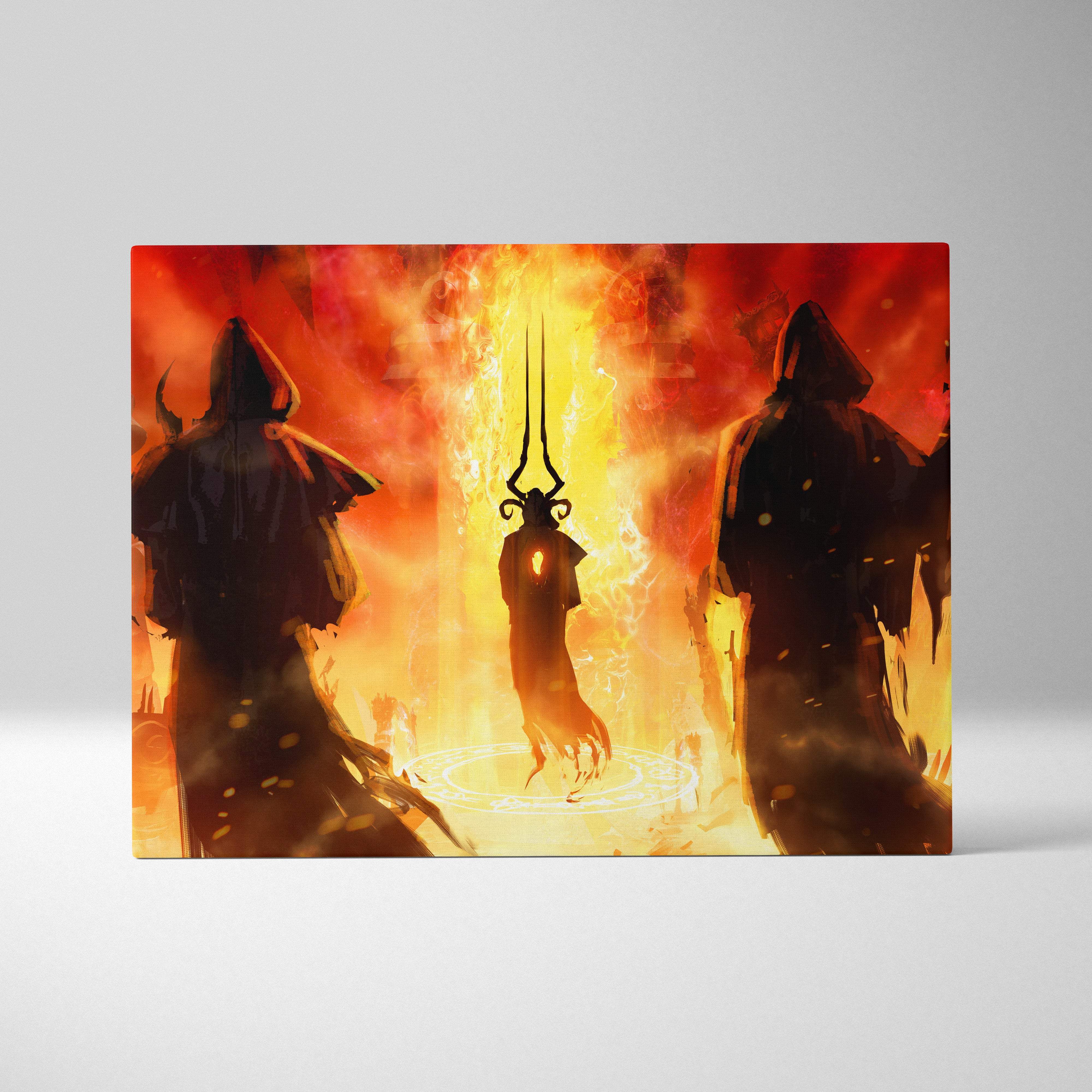 Infernal ritual canvas art featuring three cloaked figures in a fiery red and gold hellscape for dark fantasy decor