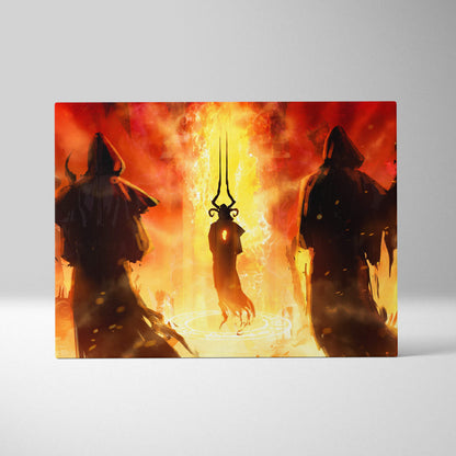 Infernal ritual canvas art featuring three cloaked figures in a fiery red and gold hellscape for dark fantasy decor