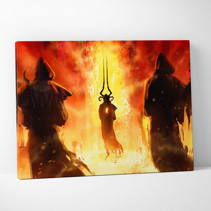 Infernal ritual canvas art featuring three hooded figures in dark robes with a glowing staff on a fiery red and gold background