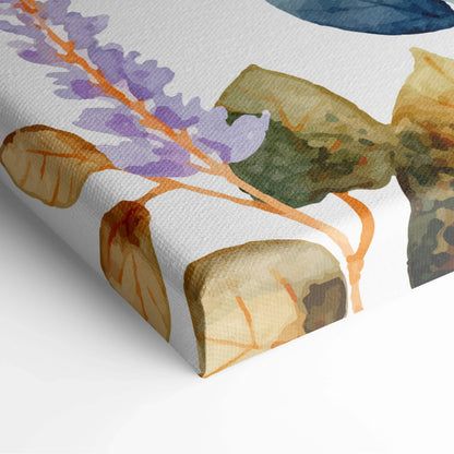 Romantic boho watercolor lavender floral canvas wall art in purple blue orange green