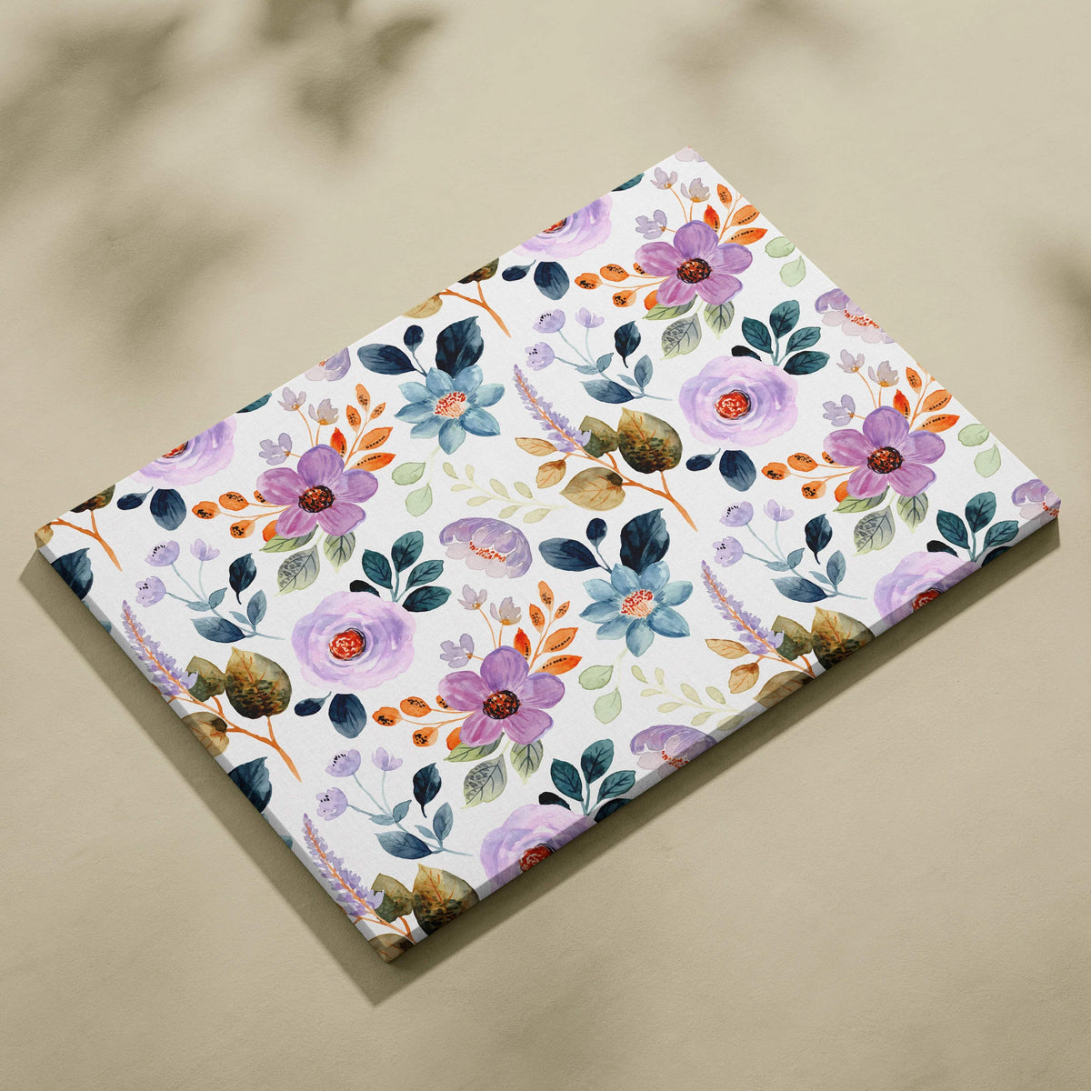 Romantic boho watercolor floral canvas art in purple blue orange green
