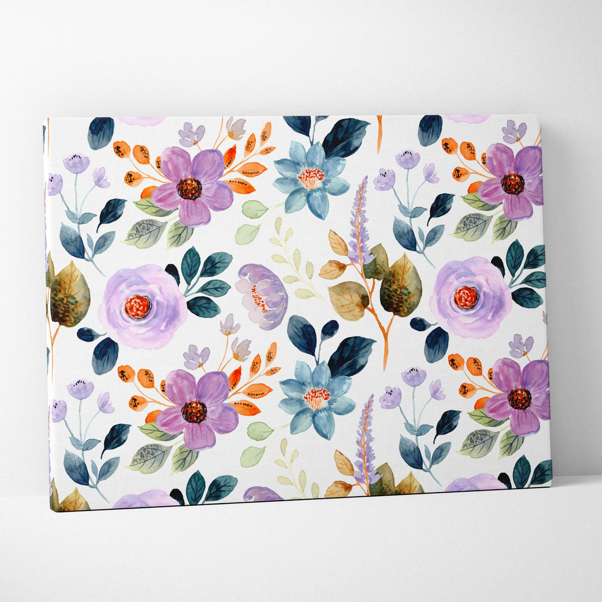 Romantic boho watercolor floral canvas wall art in purple blue orange
