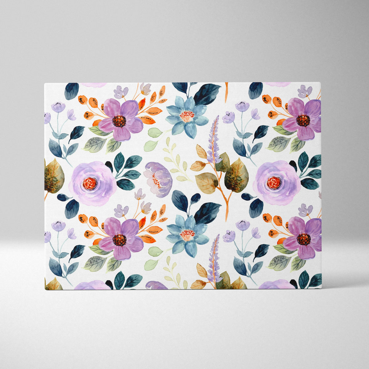 Romantic boho watercolor floral canvas wall art in purple blue orange