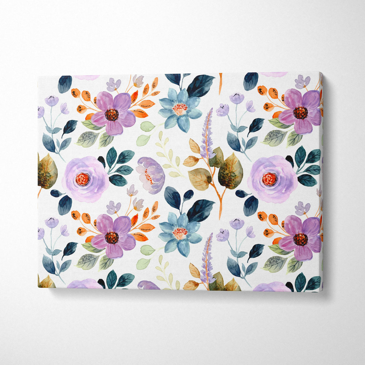 Romantic boho watercolor floral canvas art in purple blue orange green