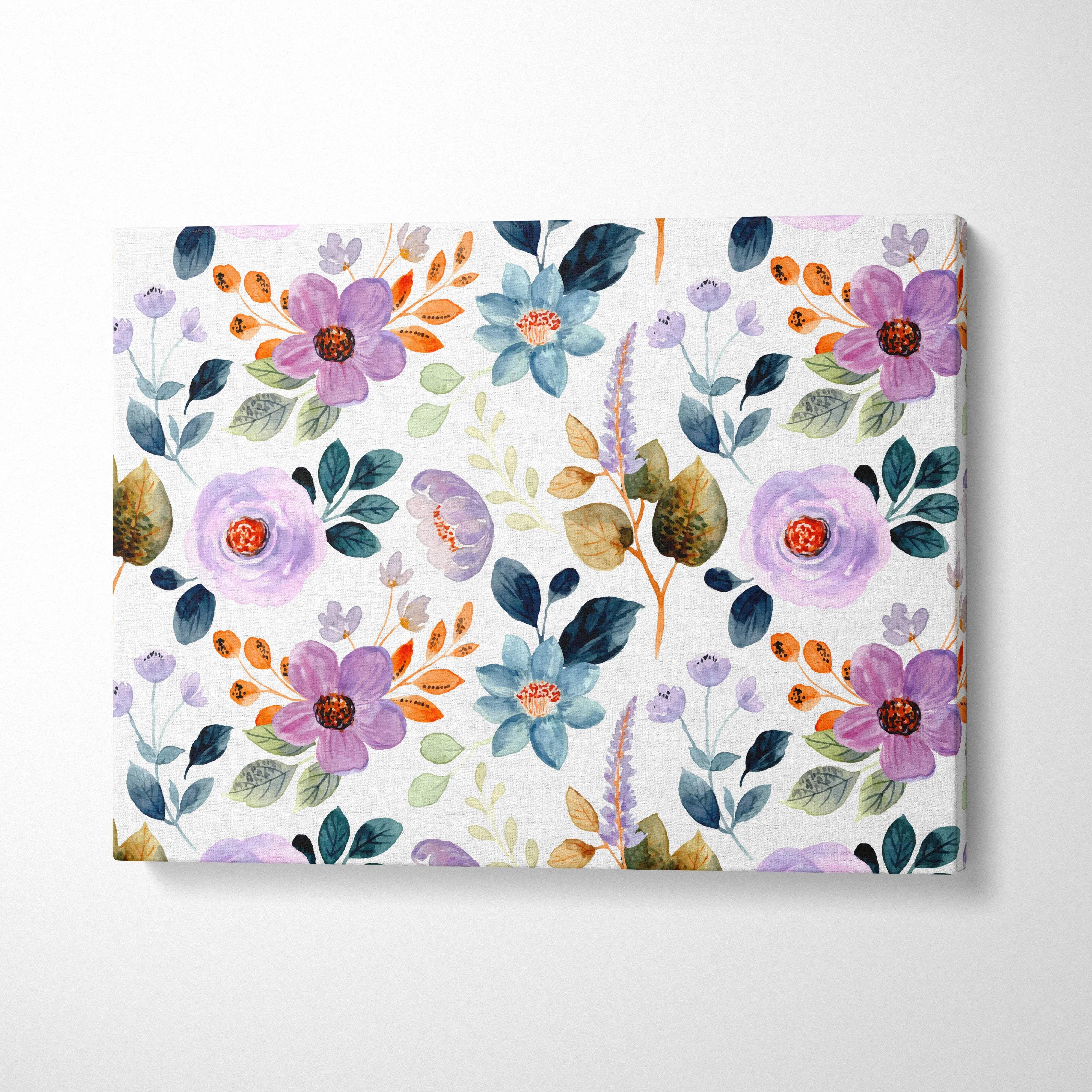 Romantic boho watercolor floral canvas art in purple blue orange green