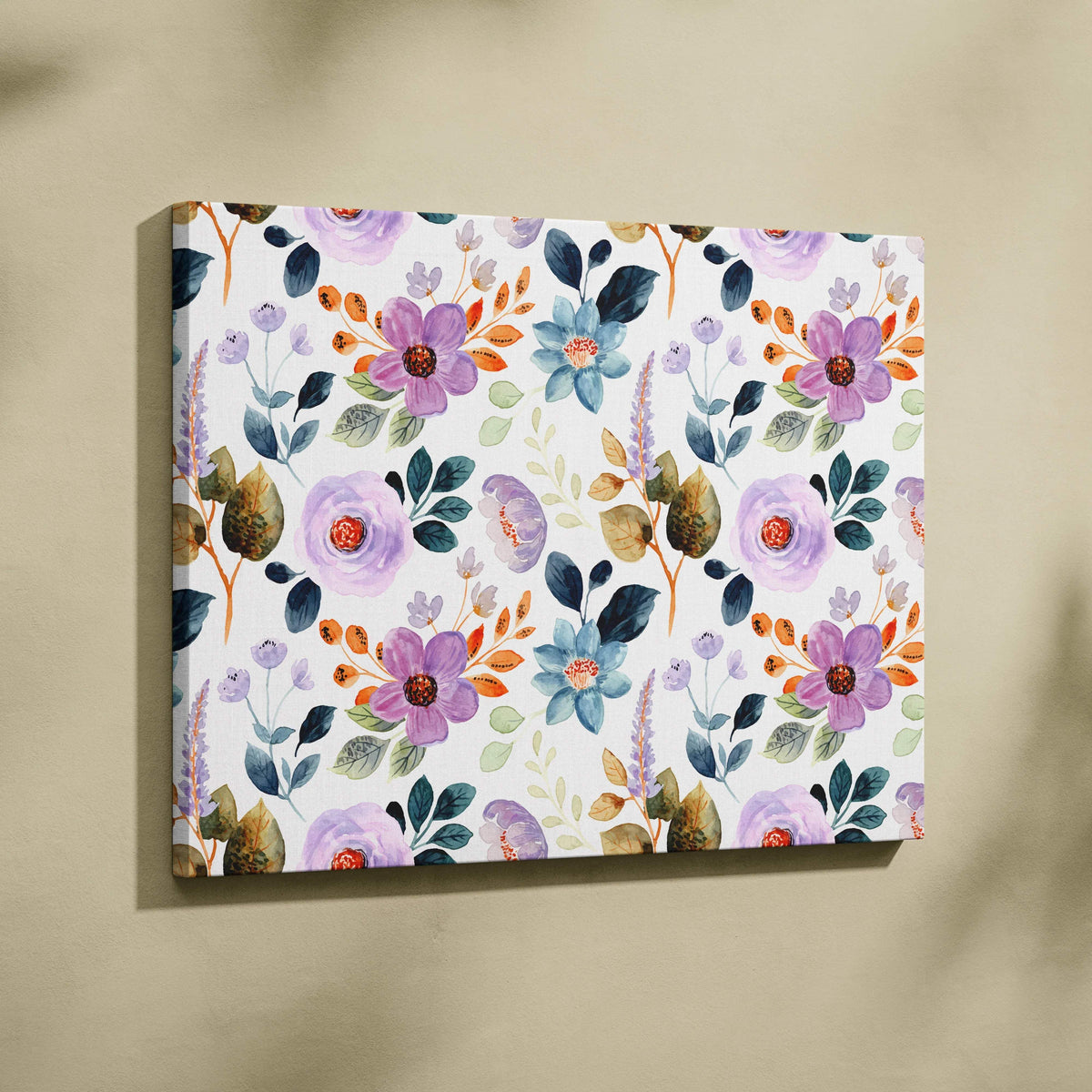 Romantic boho watercolor floral canvas wall art in purple blue orange