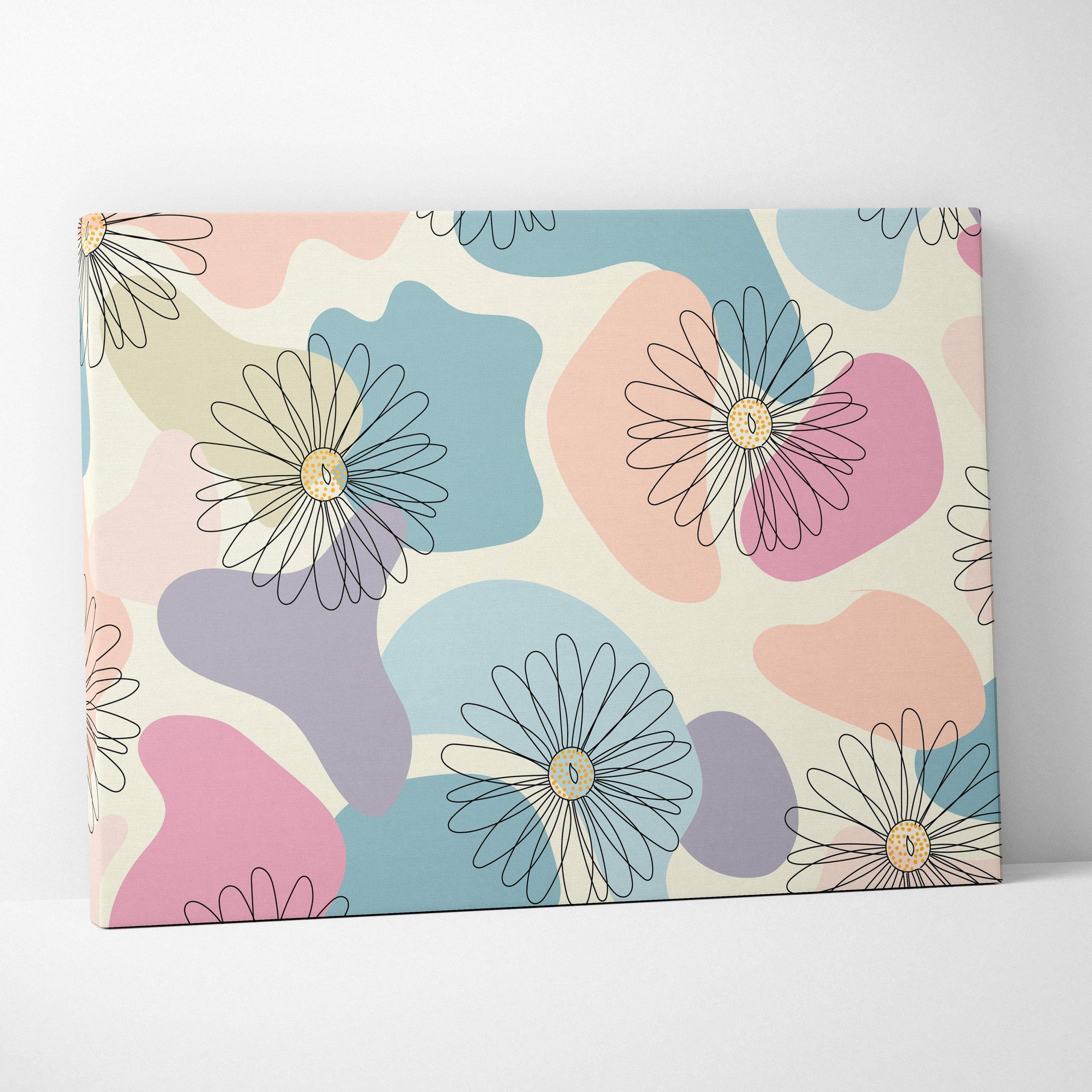 Modern minimalist daisy pattern canvas wall art in pastel blues blush lavender