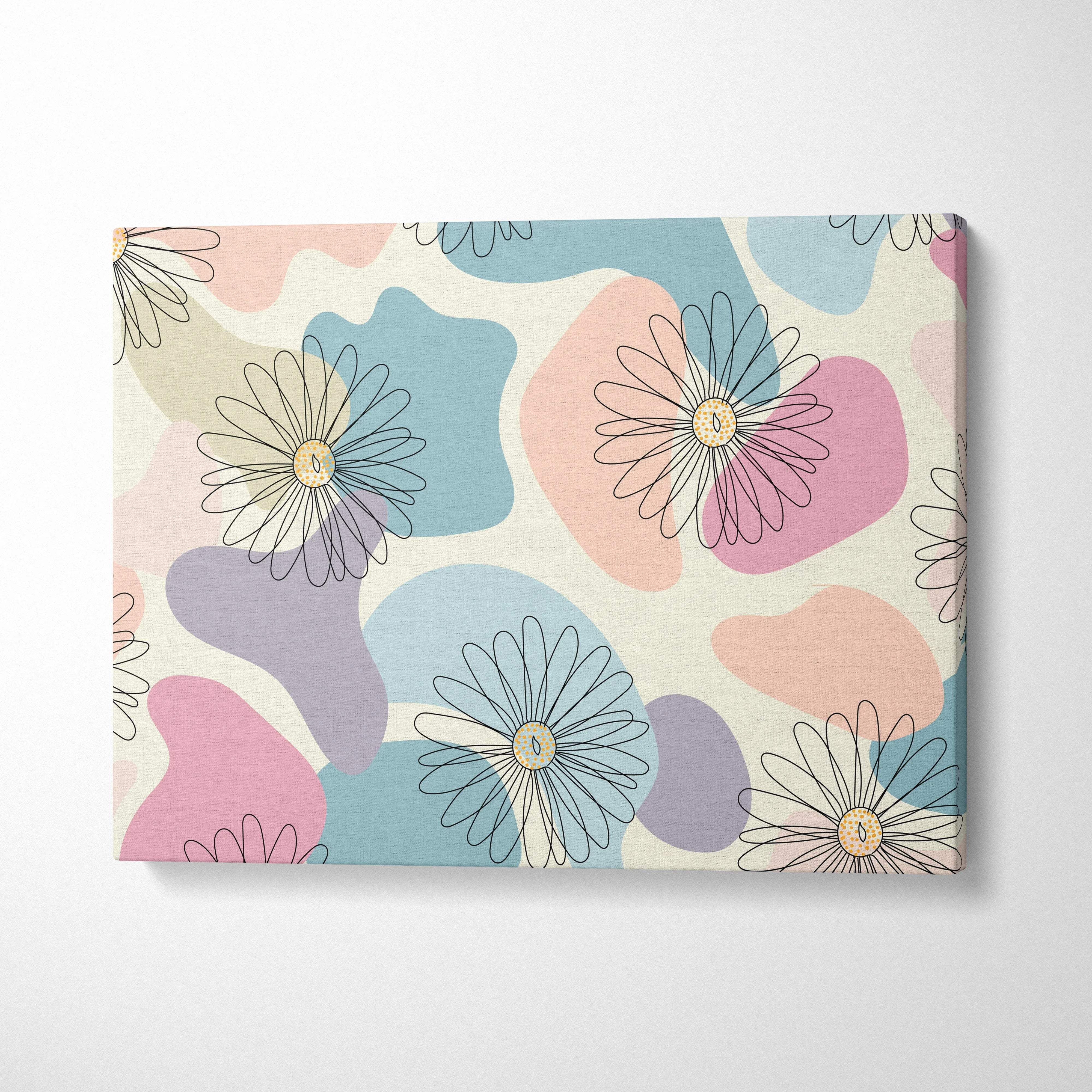 Modern minimalist daisy pattern canvas wall art in pastel blues blush lavender