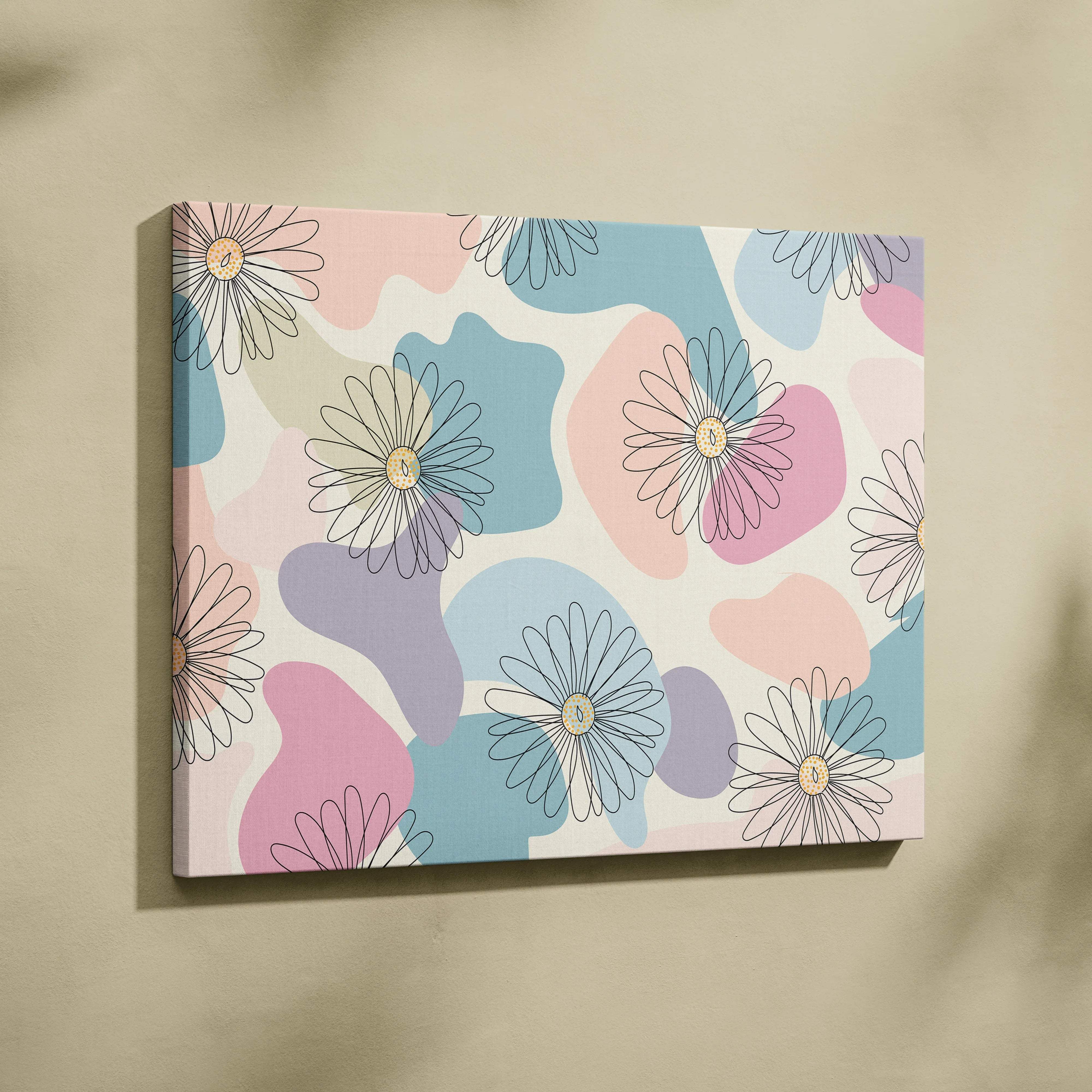 Modern minimalist daisy pattern canvas wall art in pastel blues blush lavender