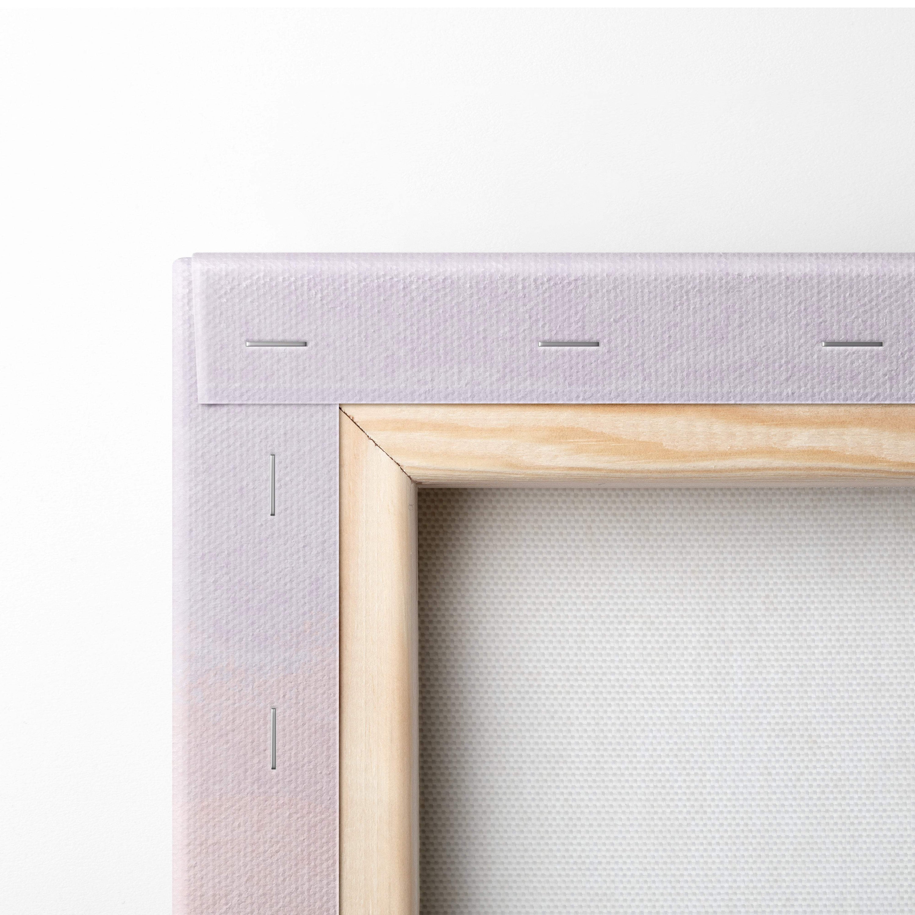Boho pastel ocean sunset canvas art with light lavender canvas wrapped around a natural wood frame