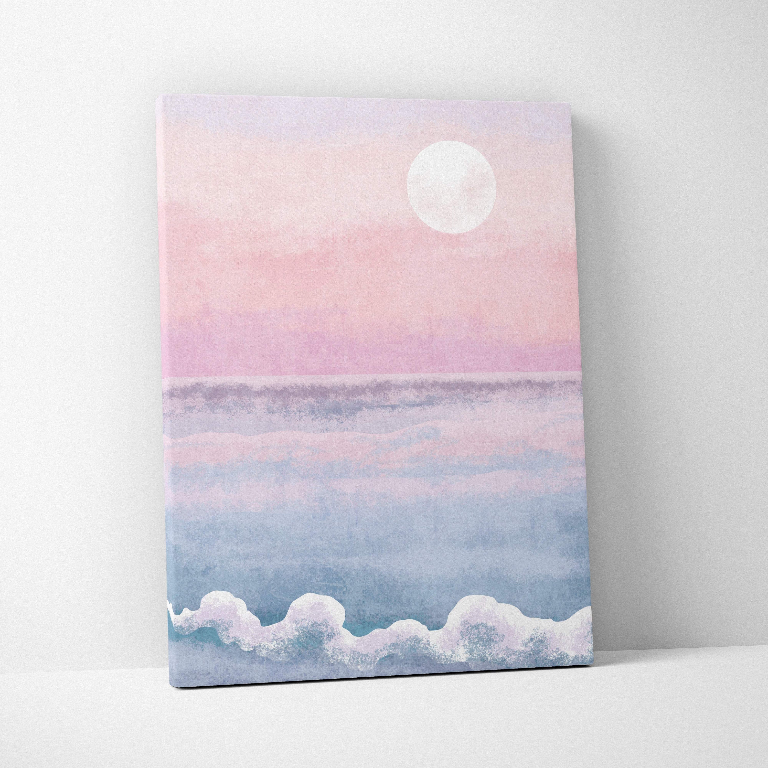 Boho pastel ocean sunset canvas art featuring a pink and blue gradient ocean scene with a white moon on canvas