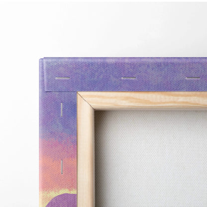 Back of dreamy ocean sunset pastel pink lavender canvas art with purple pink gradient sky and edge stitching