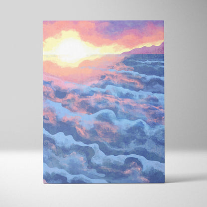 Dreamy ocean sunset canvas art in pastel pink, lavender, soft blue, golden yellow watercolor style