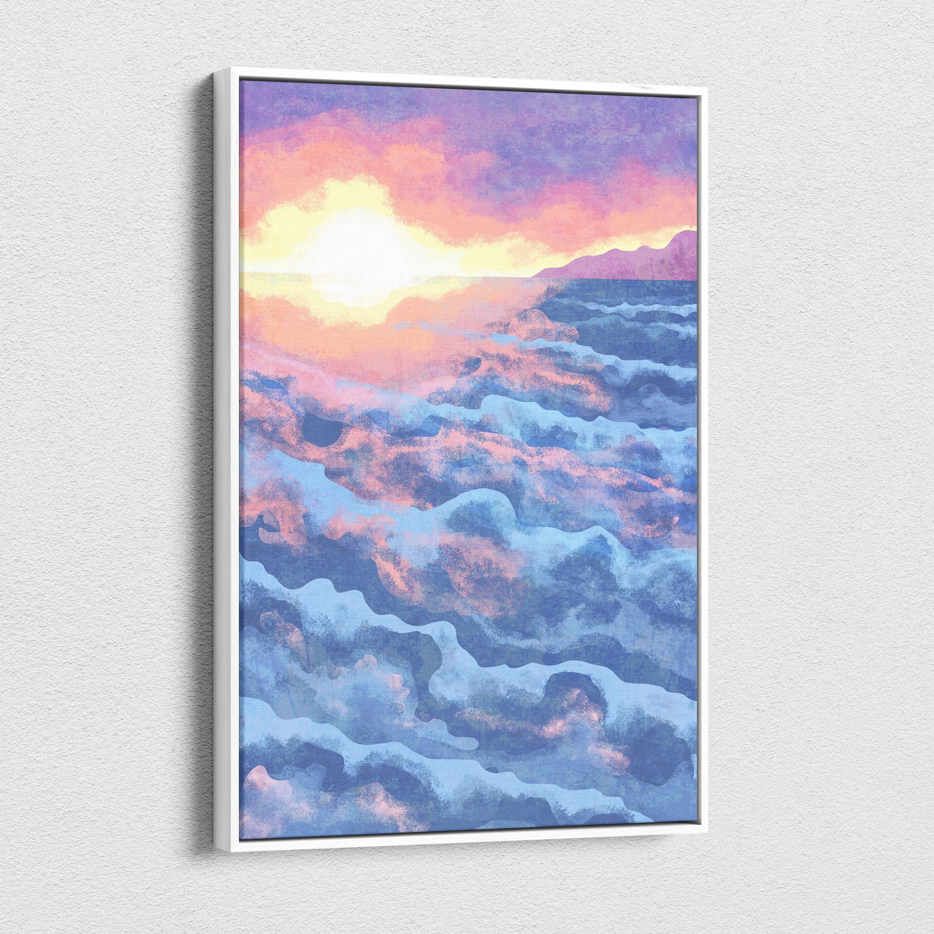 Dreamy ocean sunset canvas wall art in pastel pink lavender blue yellow