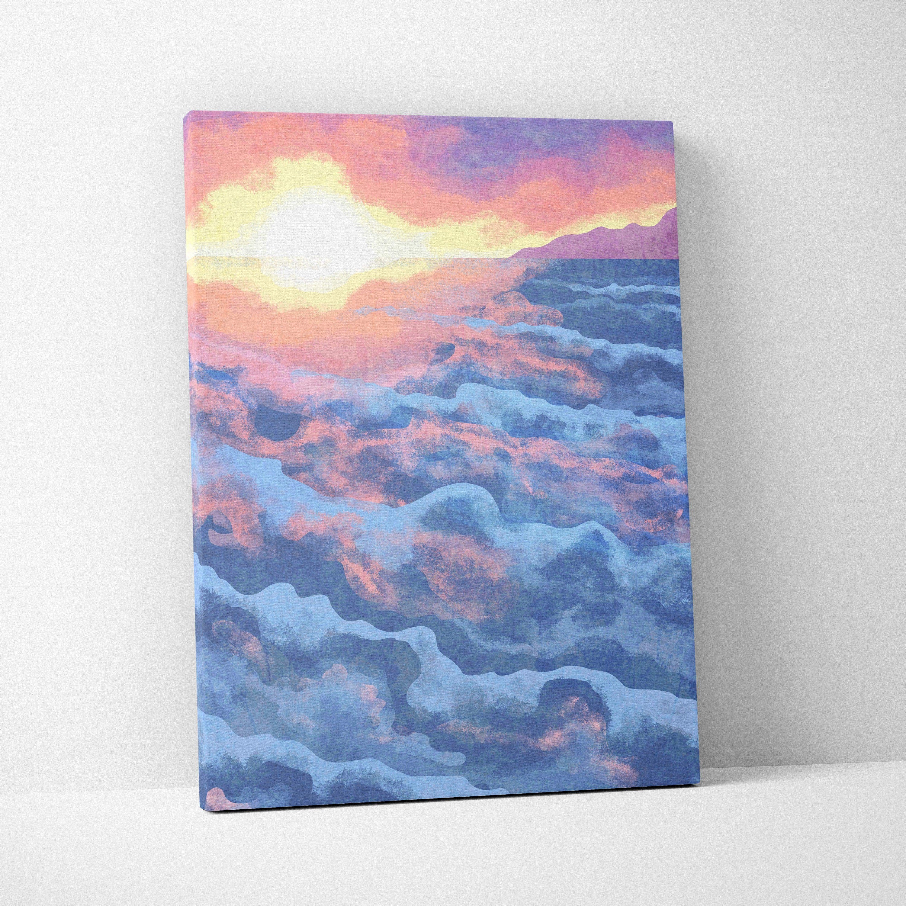 Dreamy ocean sunset canvas wall art in pastel pink, lavender, soft blue, golden yellow