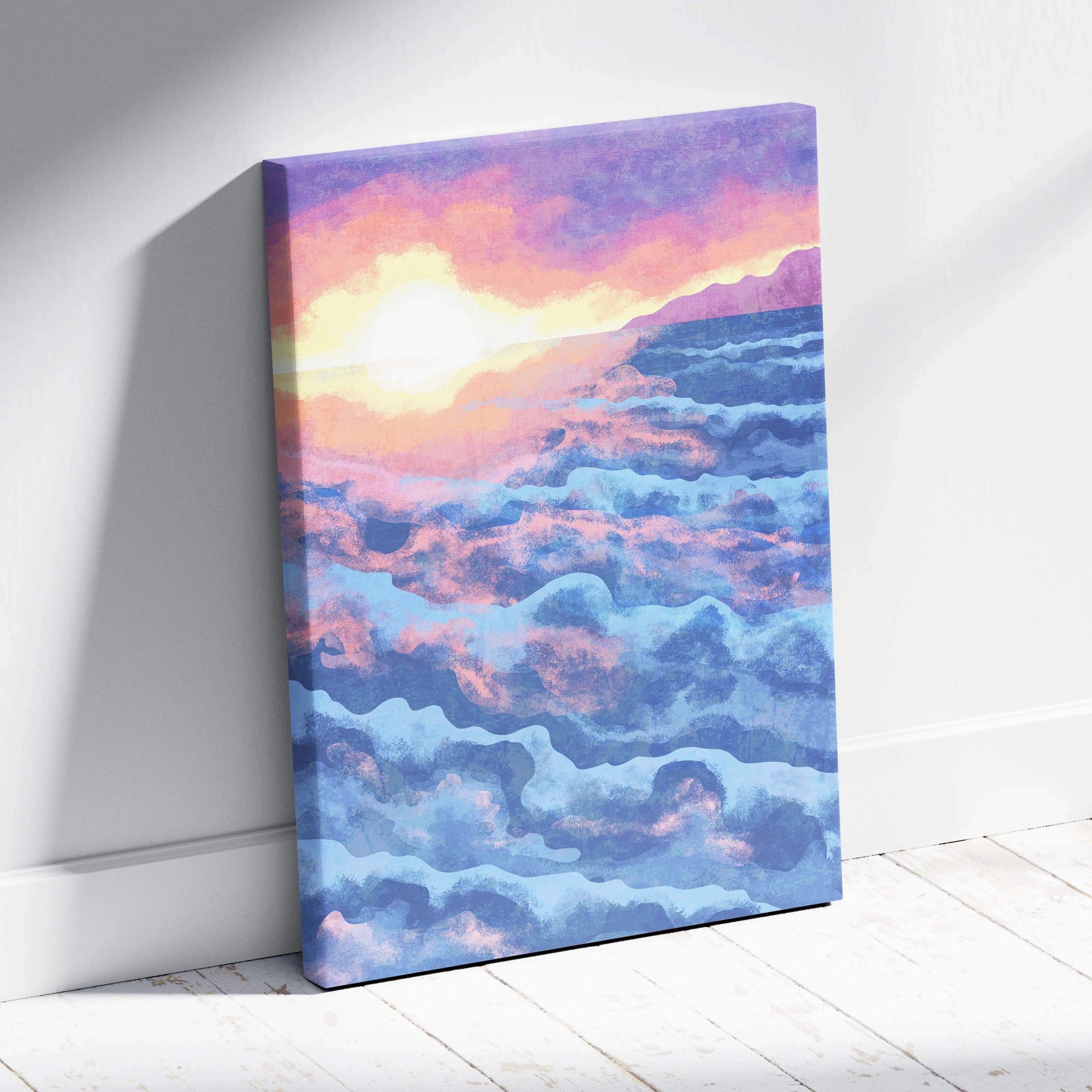 Dreamy ocean sunset canvas art in pastel pink lavender soft blue golden yellow