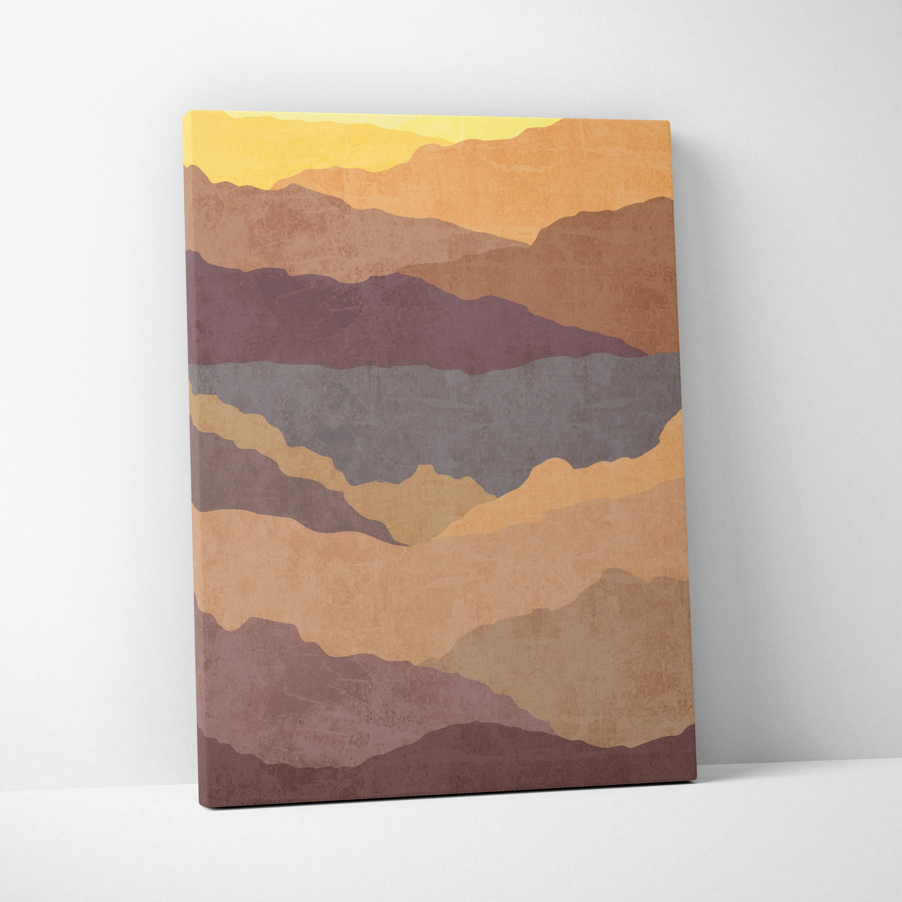 Boho desert mountain canvas art featuring layered stylized mountain ranges in warm earth tones of yellow and brown