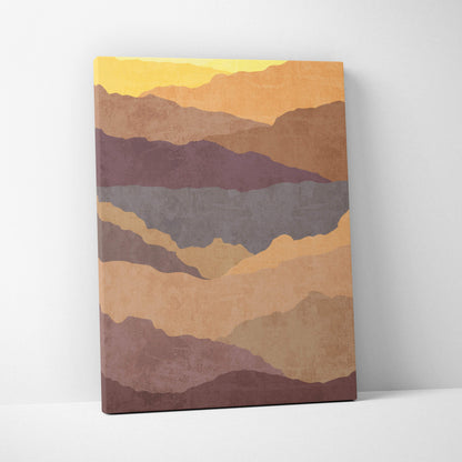 Boho desert mountain canvas art featuring layered stylized mountain ranges in warm earth tones of yellow and brown