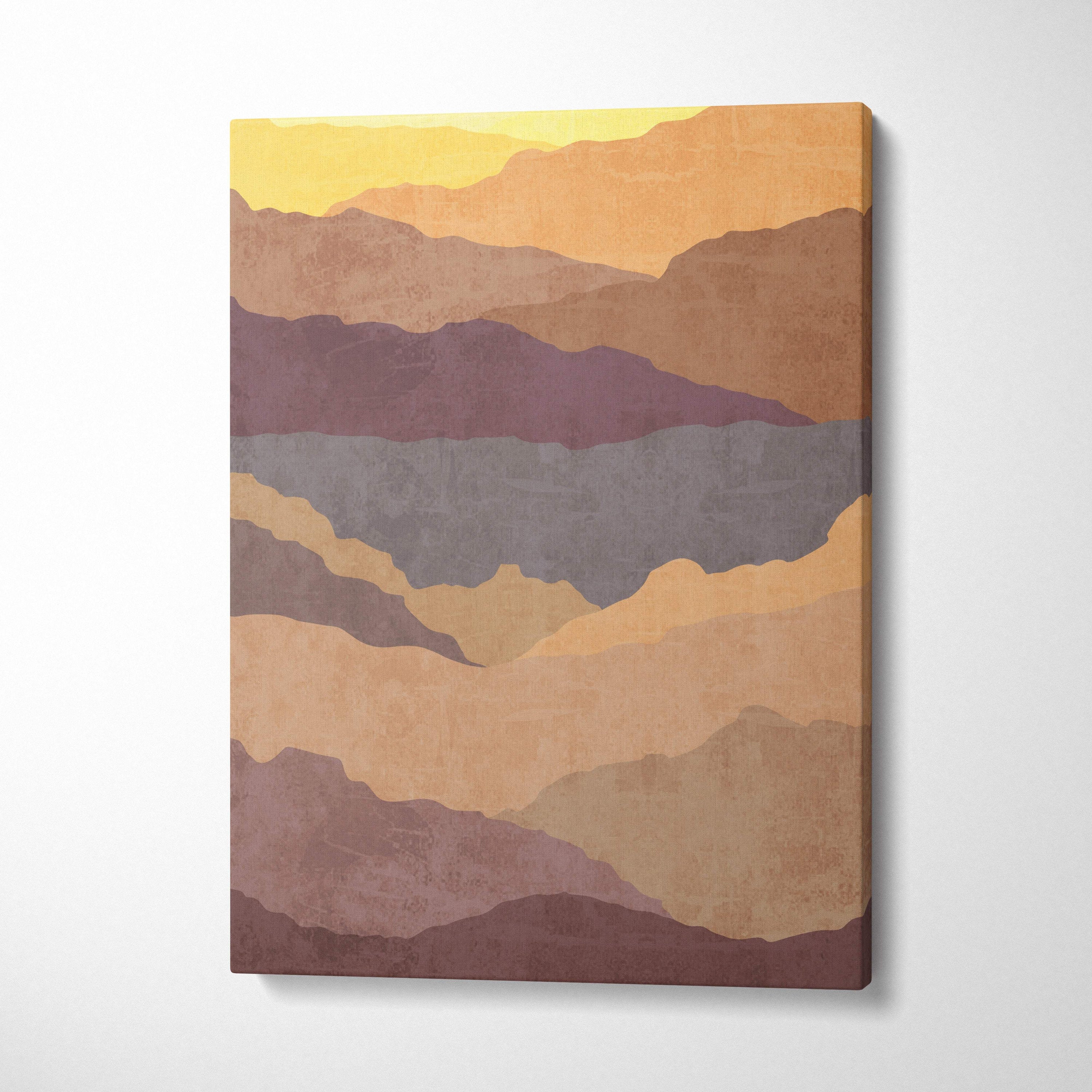 Boho desert mountain canvas art featuring abstract layered mountain ranges in warm yellow orange purple and gray tones