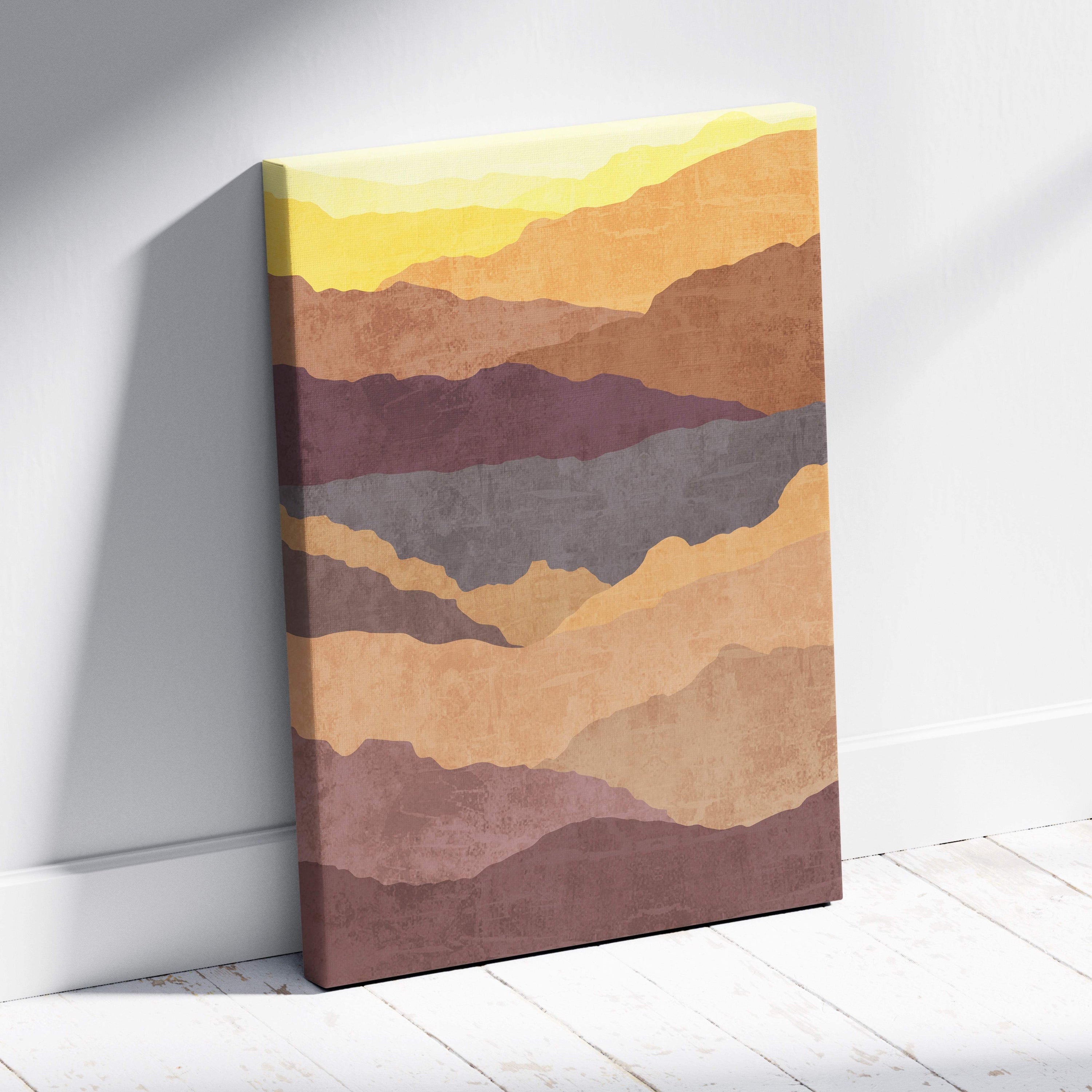 Boho desert mountain canvas art featuring a textured abstract landscape with layered yellow orange purple and gray hues