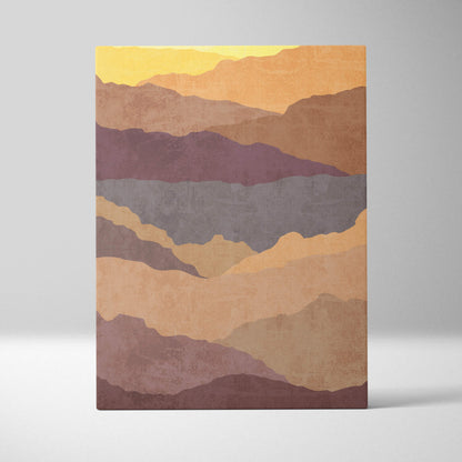 Boho desert mountain canvas art featuring a stylized mountain range in warm ochre mauve and gray tones under a golden sky