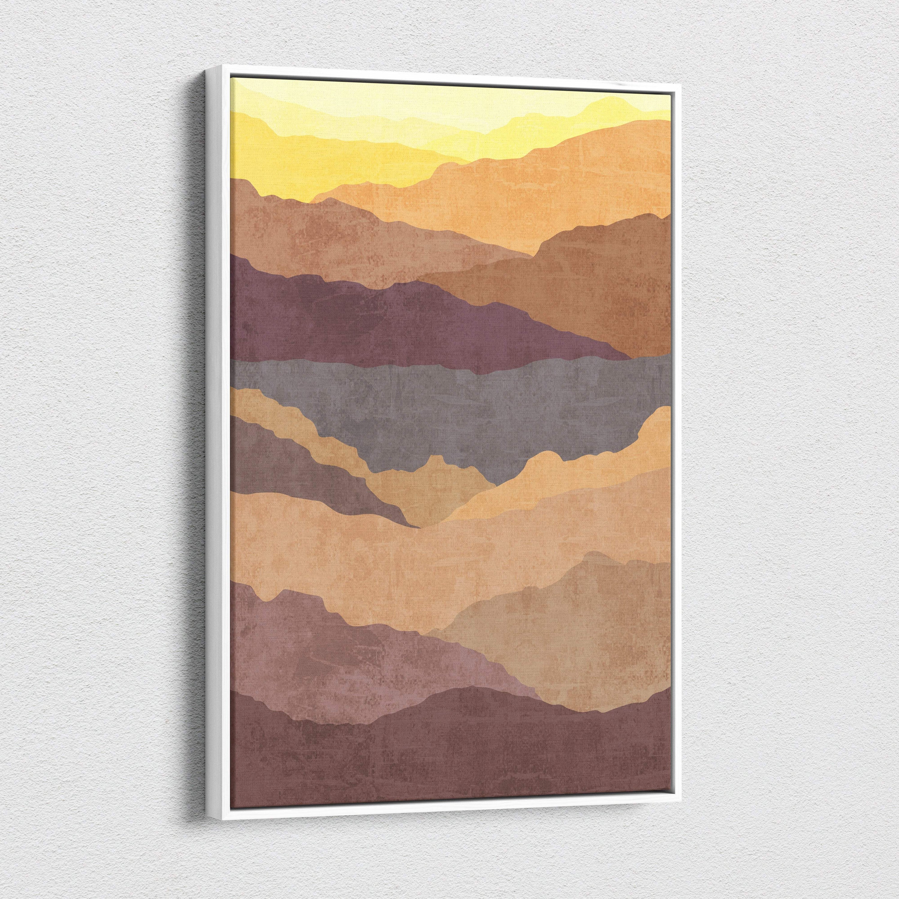 Boho desert mountain canvas art with layered abstract mountain ranges in warm earth tones on minimalist framed print