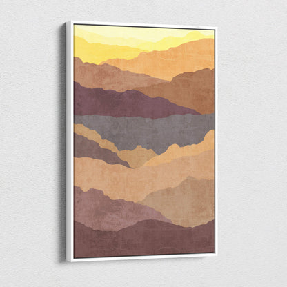 Boho desert mountain canvas art with layered abstract mountain ranges in warm earth tones on minimalist framed print