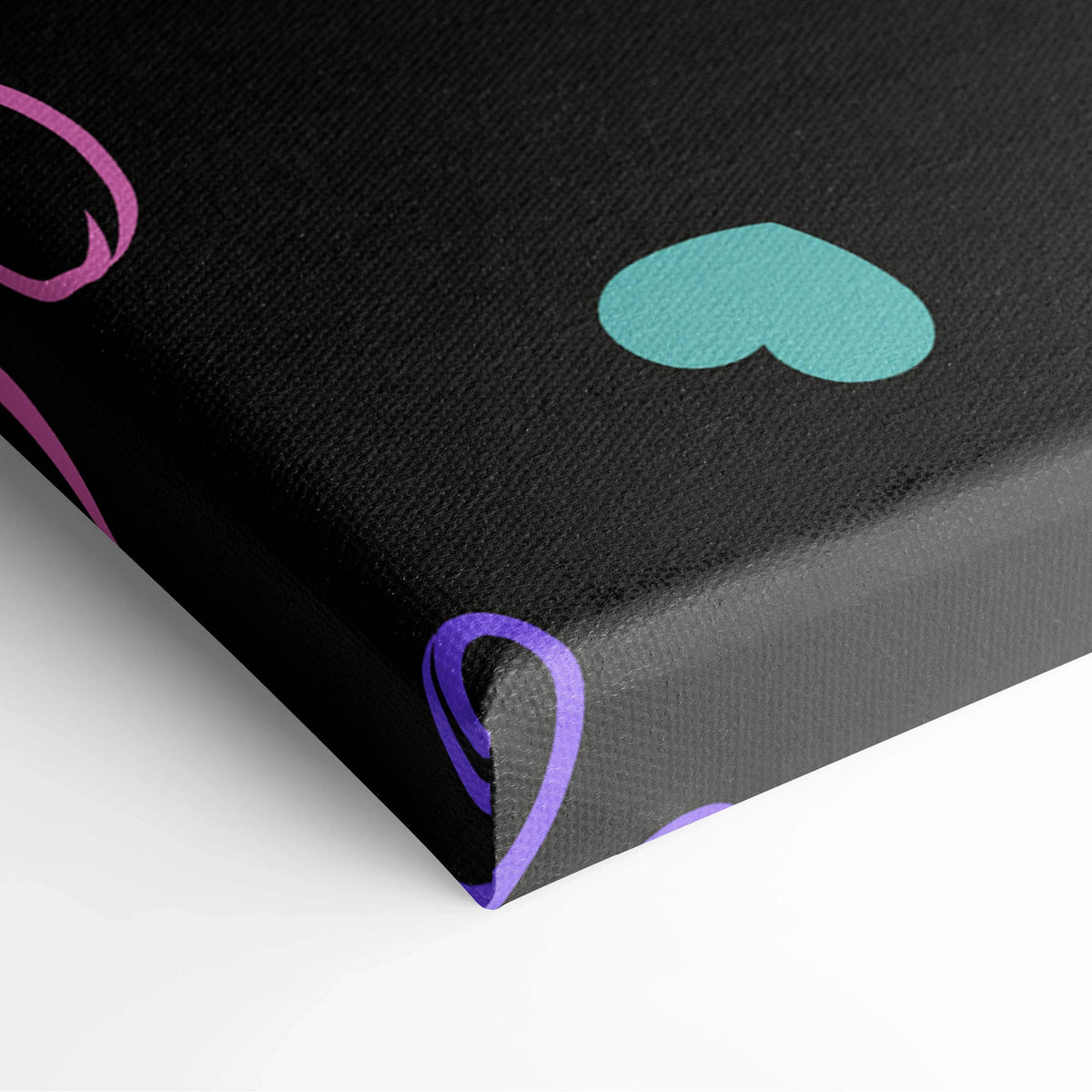 Black canvas print with teal purple hearts, Nordic birds floral motifs