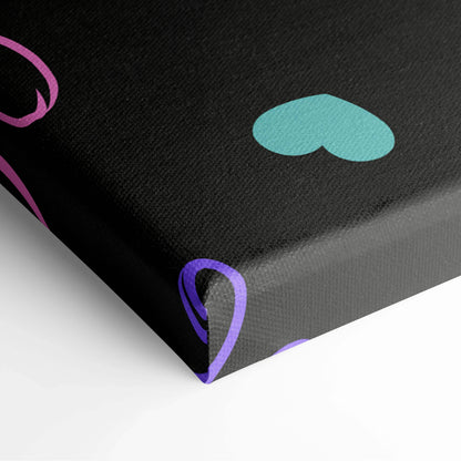 Black canvas print with teal purple hearts, Nordic birds floral motifs