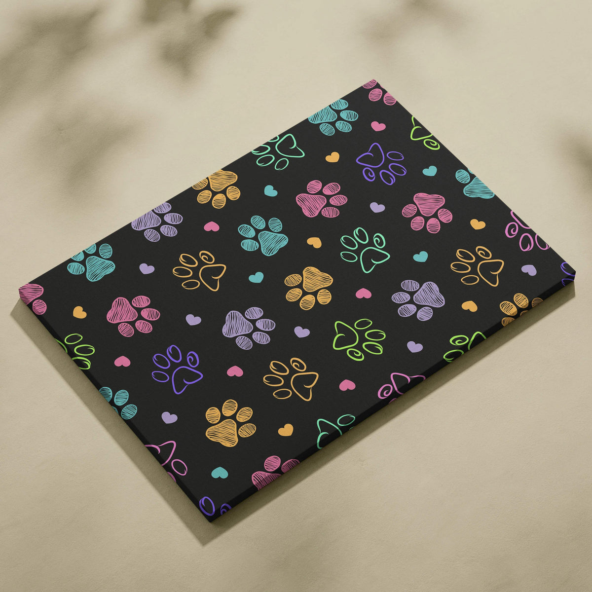 Nordic colorful folk art canvas with paw prints hearts birds florals black