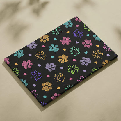 Nordic colorful folk art canvas with paw prints hearts birds florals black
