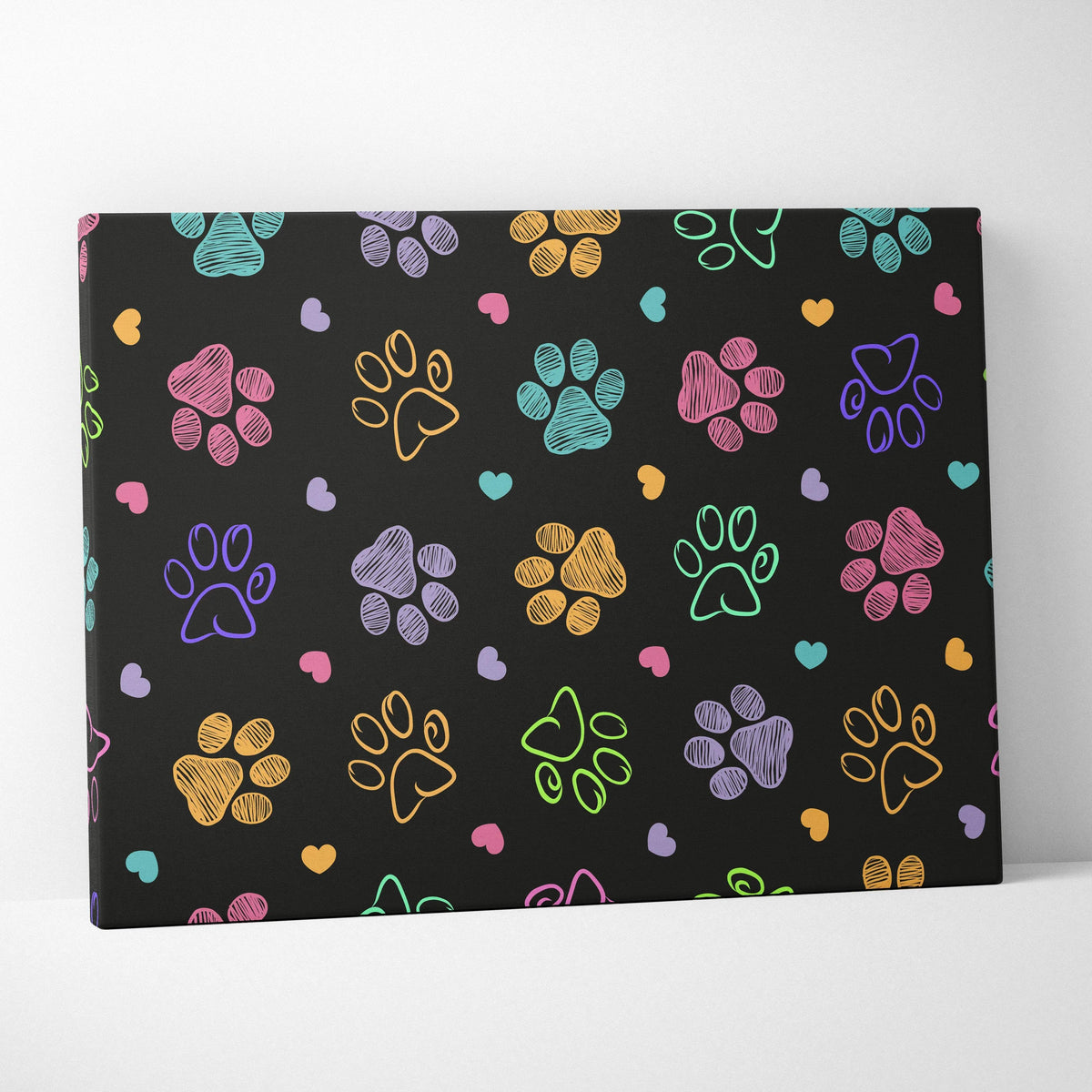 Black canvas print with colorful paw prints, hearts, birds, florals in pink, teal, yellow