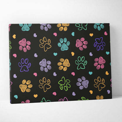 Black canvas print with colorful paw prints, hearts, birds, florals in pink, teal, yellow