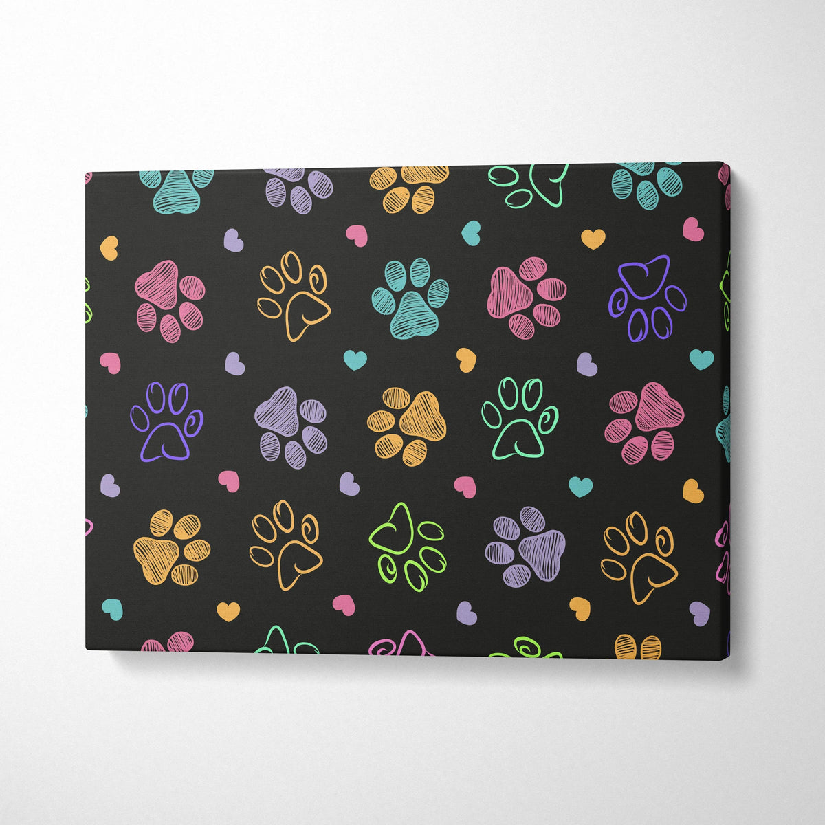 Black canvas print with colorful paw prints, hearts, birds, floral motifs