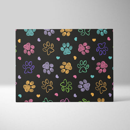 Black mat with colorful paw prints, hearts in Nordic folk art style