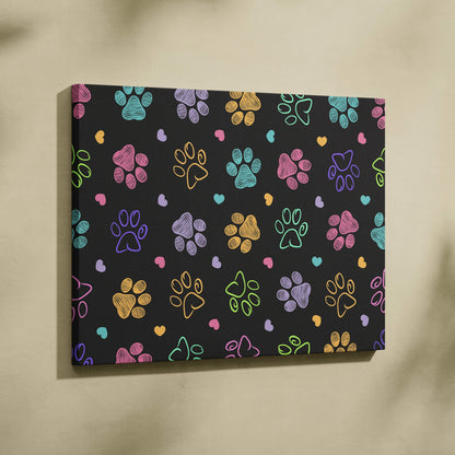 Nordic colorful folk art canvas wall art with paw prints hearts birds florals